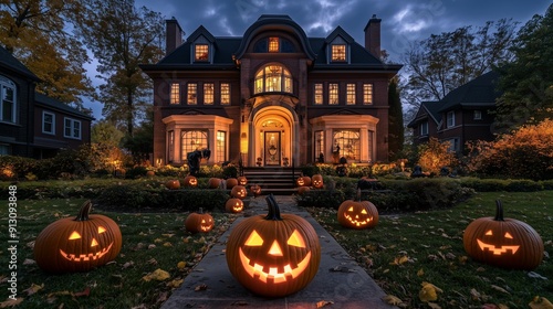 Tastefully decorated suburban residence with Halloween pumpkins and warm evening lighting photo