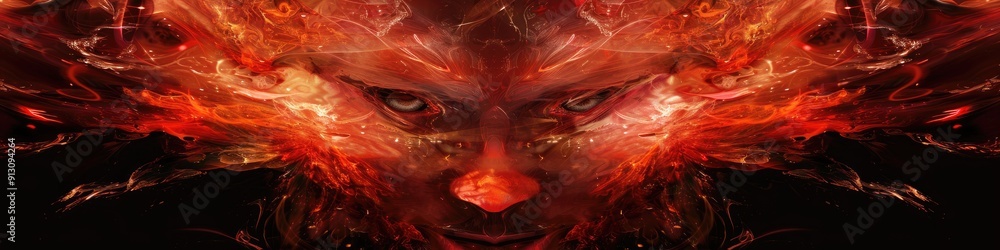 Fototapeta premium Fiery red devil face in mirror artistic and textured