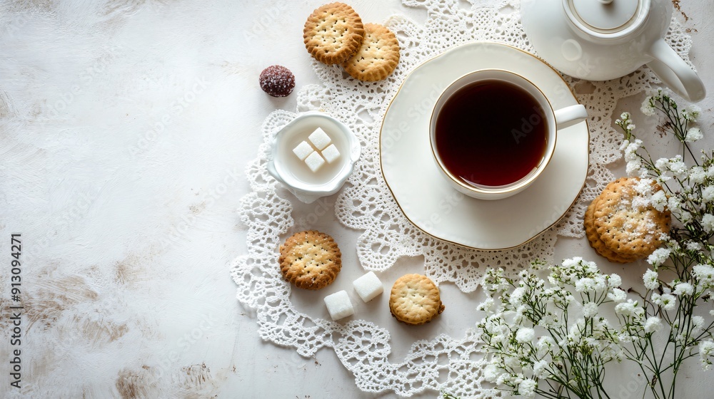 A tea-time flat lay with a teapot, teacup, sugar cubes, and assorted biscuits on a lace doily, creating an elegant and relaxing tea scene, copy space A tea-time flat lay with a teapot, teacup, sugar cubes, and assorted biscuits on a lace doily, creating an elegant and relaxing tea scene, copy space