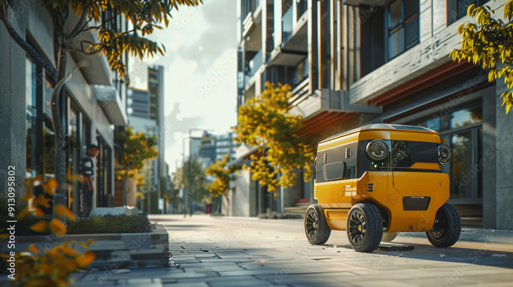 Fototapeta premium Self-driving delivery vehicle Autonomous robotic courier transporting packages in a modern urban setting