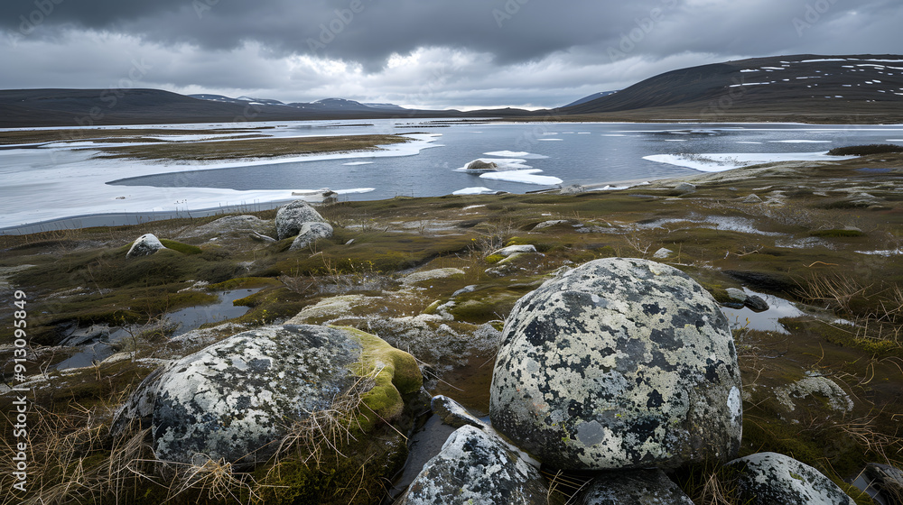 An icy tundra with scattered boulders and partially frozen lakes under a gray An icy tundra with scattered boulders and partially frozen lakes under a gray