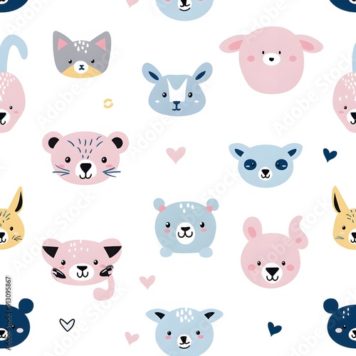 Cute Animal Faces Seamless Pattern