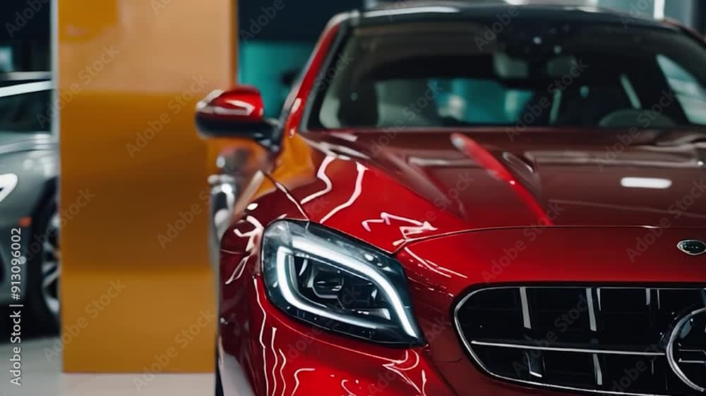 Close-Up of Red Luxury Sedan with Shiny Paint and Headlights Close-Up of Red Luxury Sedan with Shiny Paint and Headlights
