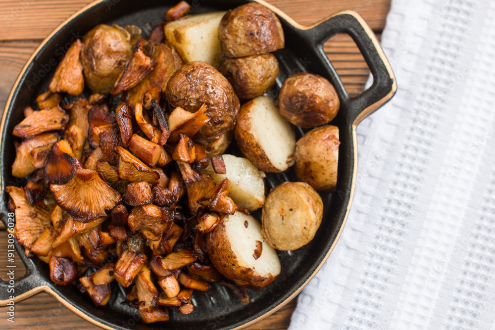 Fried chanterelle mushrooms with potatoes in a uniform on a plate. Serving the dish Fried chanterelle mushrooms with potatoes in a uniform on a plate. Serving the dish