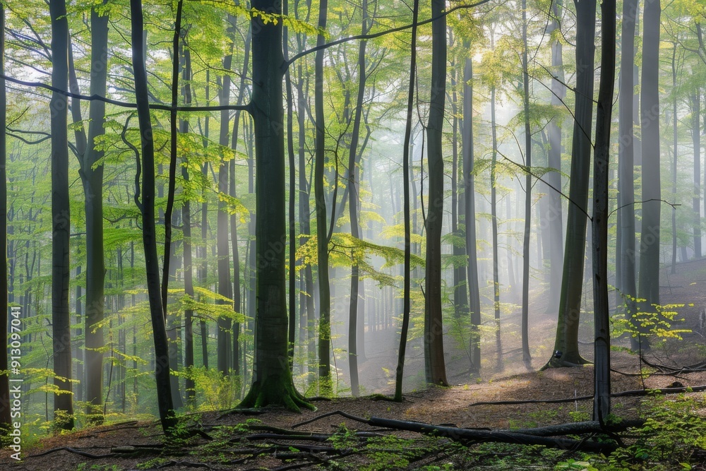 Fototapeta premium A forest with trees in the foreground and background. The trees are green and the sky is cloudy