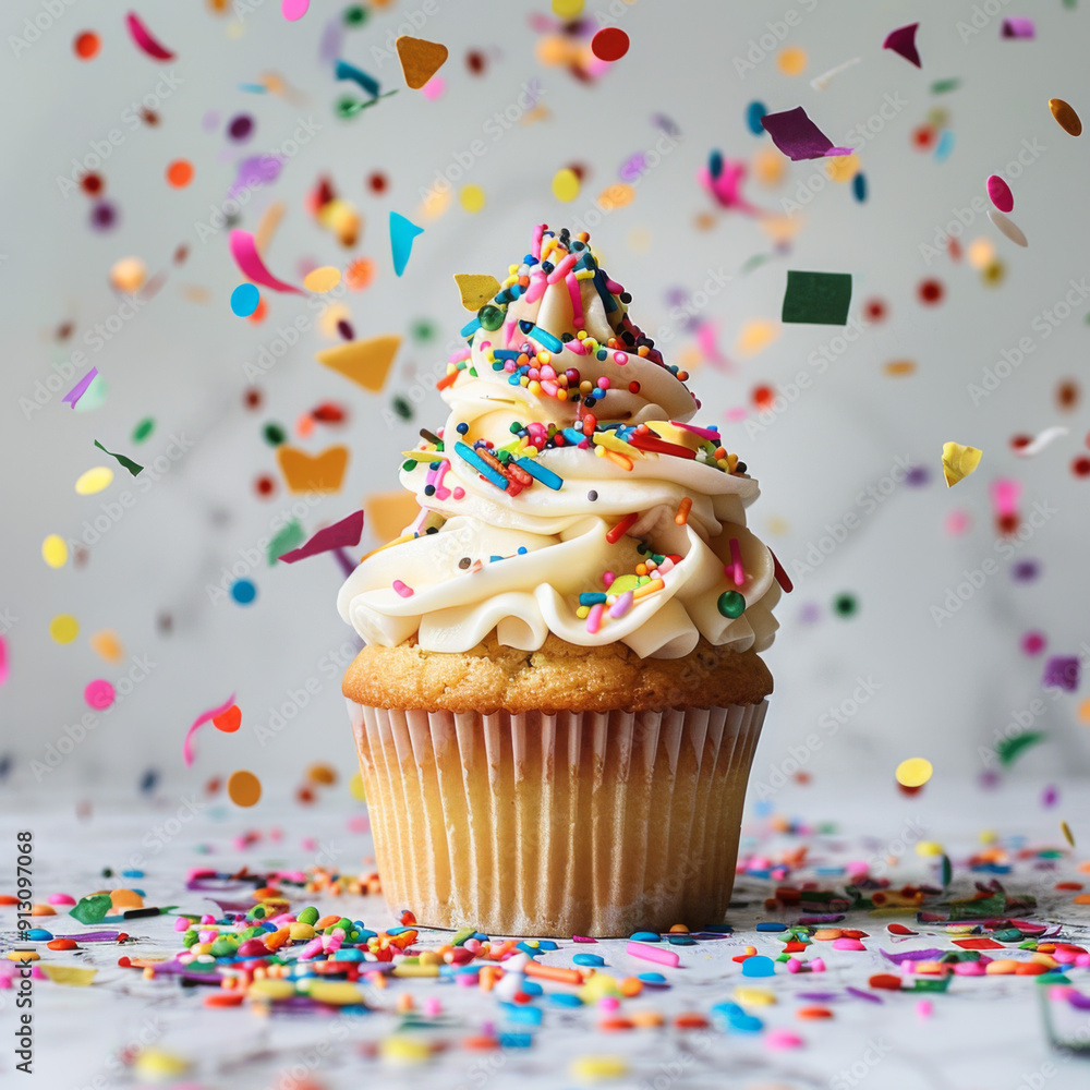 A Single Sprinkled Cupcake Surrounded by Confetti A Single Sprinkled Cupcake Surrounded by Confetti