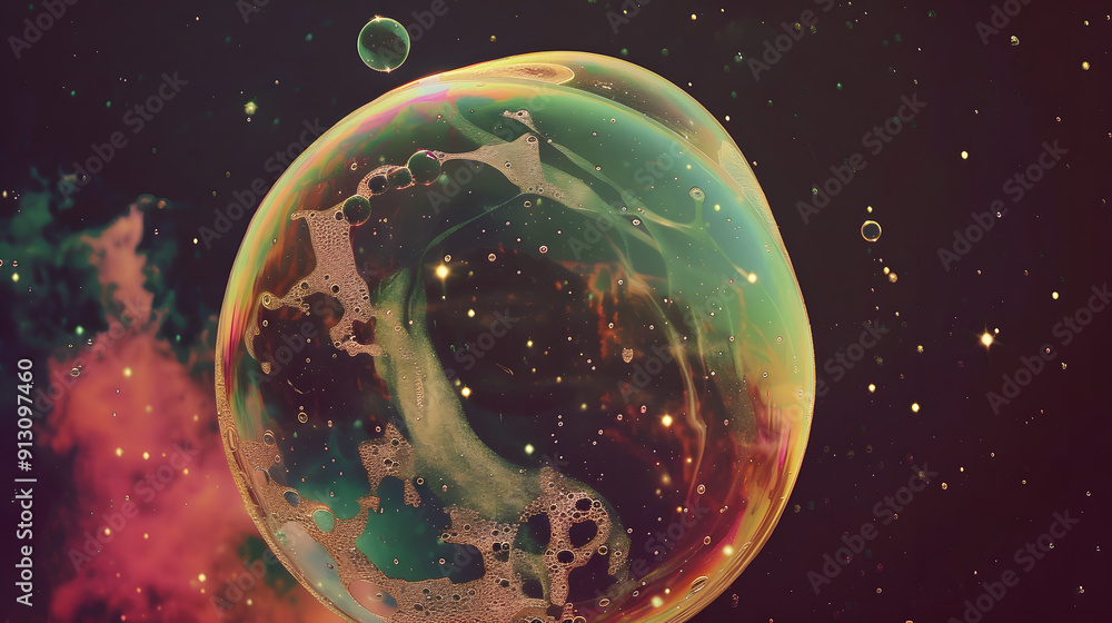Fototapeta premium An iridescent soap bubble bursting with colorful patterns. Ephemeral beauty in design. Drifting through a twilight sky.