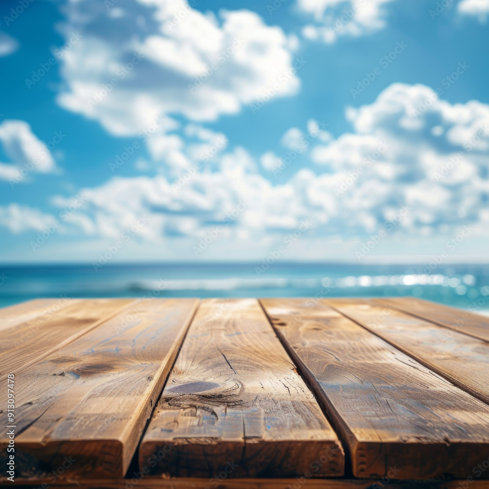 Wooden Tabletop Against Blurred Seascape with Clouds Wooden Tabletop Against Blurred Seascape with Clouds