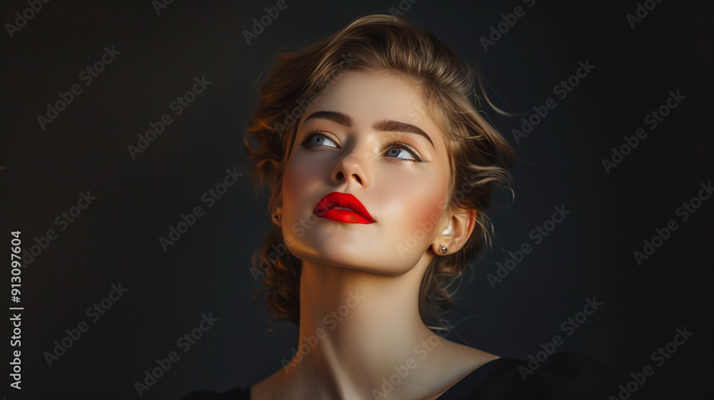 A beautiful girl with bold red lips and vintage-inspired makeup dark background A beautiful girl with bold red lips and vintage-inspired makeup dark background