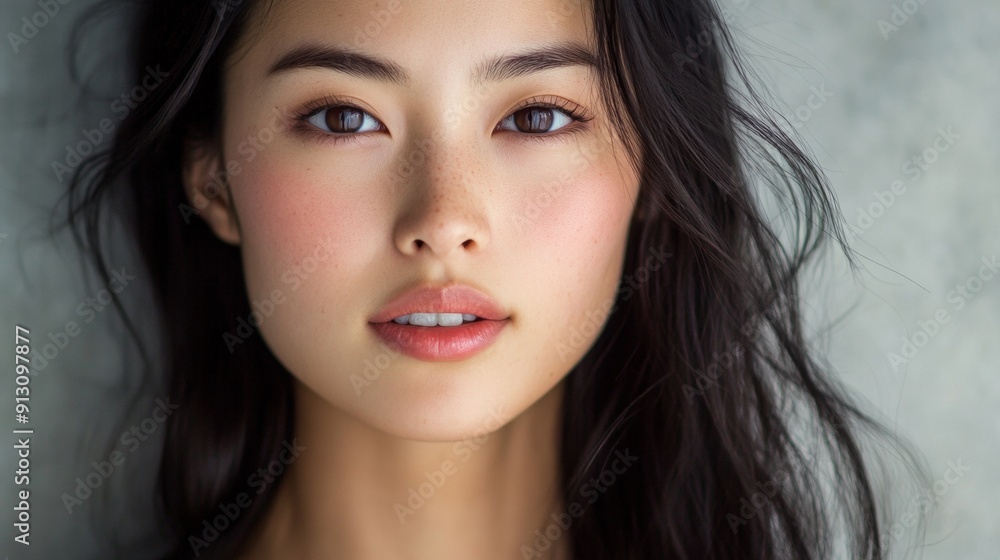 A woman with dark hair and a pinkish tint to her lips A woman with dark hair and a pinkish tint to her lips