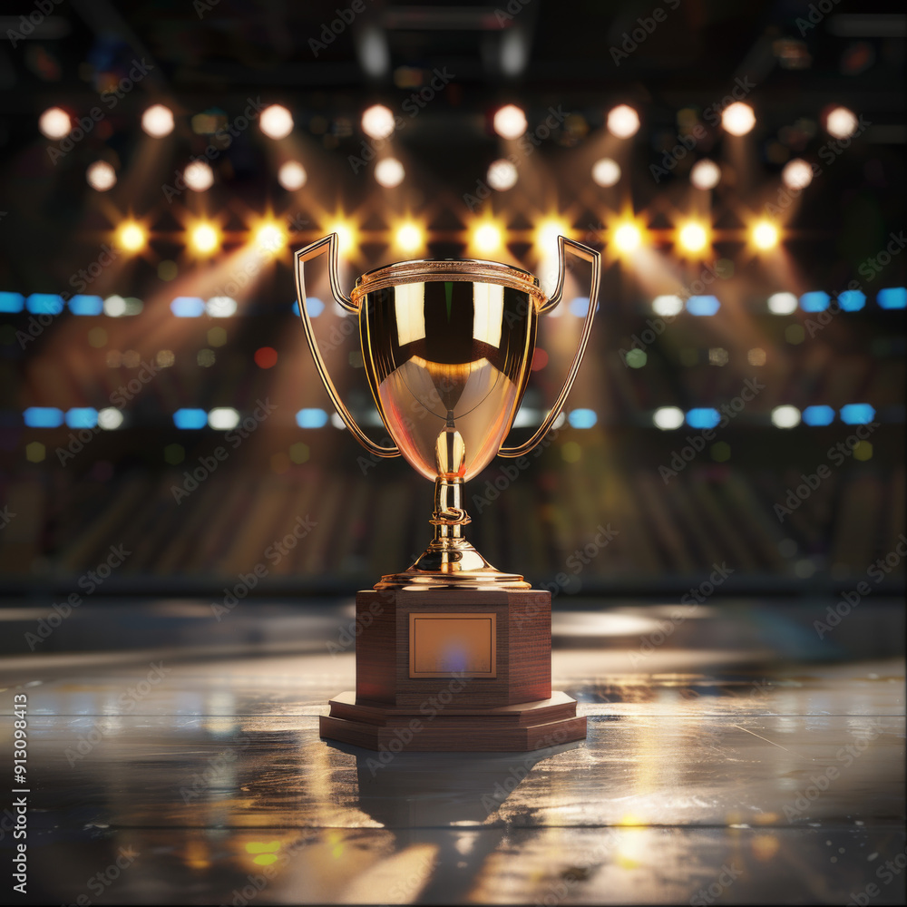 A Gold Trophy on a Wooden Base with Spotlights in the Background A Gold Trophy on a Wooden Base with Spotlights in the Background