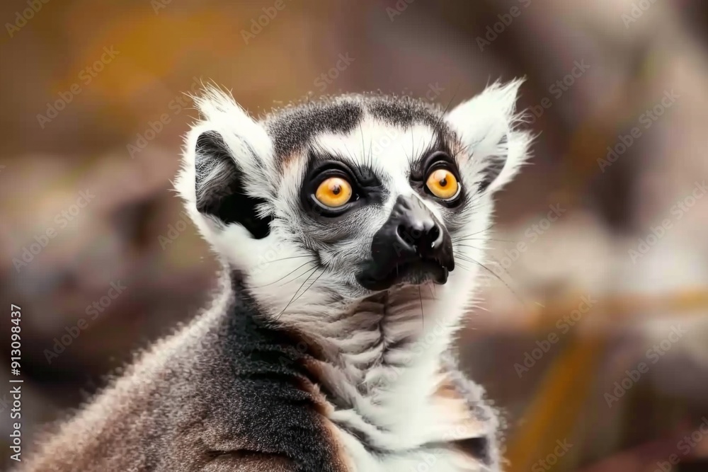 A lemur with yellow eyes stares at the camera. The animal has a white face and a black nose A lemur with yellow eyes stares at the camera. The animal has a white face and a black nose