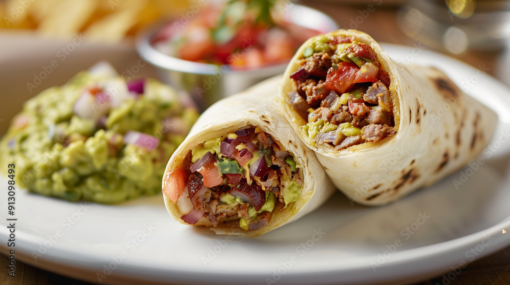 Close-Up of Halved Burrito Filled with Grilled Meat, Fresh Tomatoes, and Onions, Served with Creamy Guacamole and Salsa - Authentic Mexican Cuisine. Close-Up of Halved Burrito Filled with Grilled Meat, Fresh Tomatoes, and Onions, Served with Creamy Guacamole and Salsa - Authentic Mexican Cuisine.