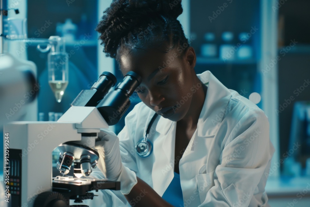 A woman wearing a white lab coat is looking through a microscope. She is focused on the object in front of her, possibly examining a specimen or conducting an experiment A woman wearing a white lab coat is looking through a microscope. She is focused on the object in front of her, possibly examining a specimen or conducting an experiment