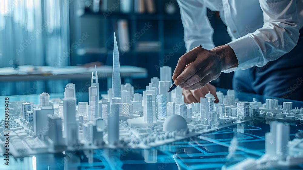 An urban planner designing a floating city model with transparent materials. Emphasis on delicate handling. An urban planner designing a floating city model with transparent materials. Emphasis on delicate handling.