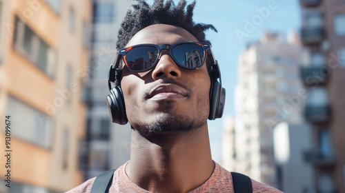 copy space, stockphoto, cool gen z black hipster guy, city background, wearing shirt and headphones. Happy young man, outdoor walking in the city. Attractive african american guy.