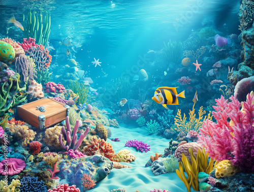 A vibrant 3D under the sea birthday party background with fish, coral reefs, and treasure chests, perfect for an aquatic celebration. Empty copy space included for text. AI