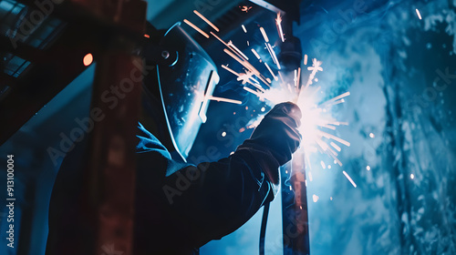 Fototapeta Naklejka Na Ścianę i Meble -  Astronaut repairs spacecraft hull and uses a futuristic welding tool that emits sparks and light in the vacuum of space. 