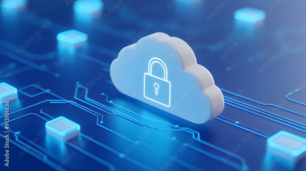 Digital cloud security concept with lock on cloud icon for data protection and online safety, depicted on a futuristic circuit board. Digital cloud security concept with lock on cloud icon for data protection and online safety, depicted on a futuristic circuit board.