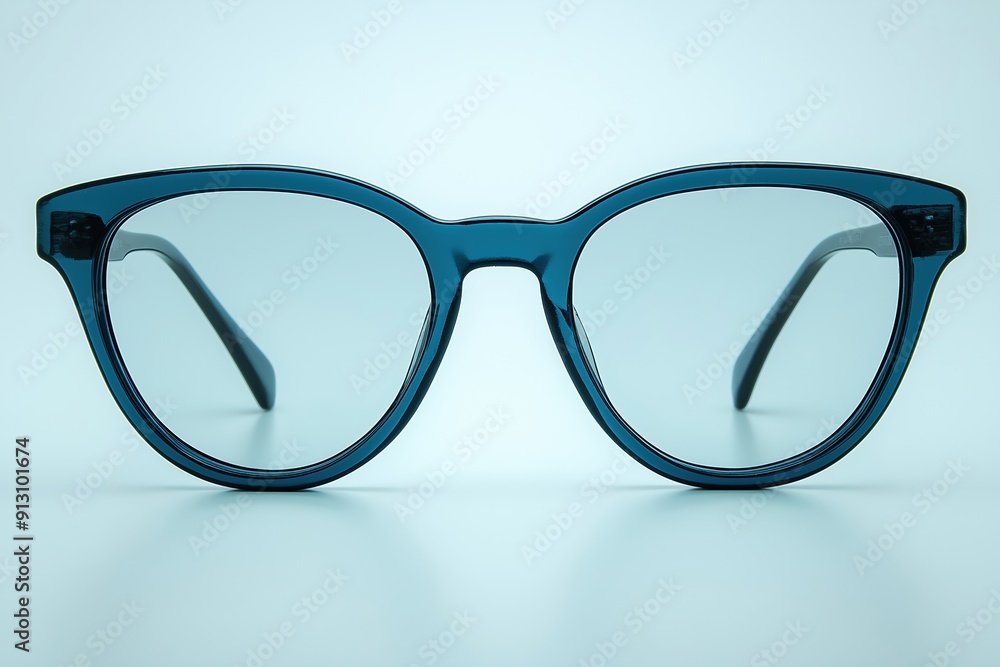 Blue eyeglasses resting on a reflective surface Blue eyeglasses resting on a reflective surface
