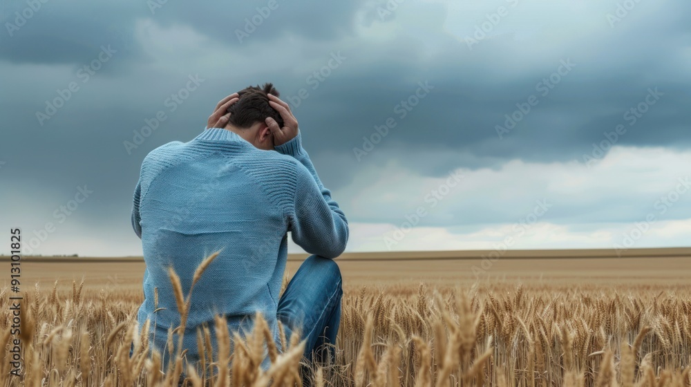 Man Sitting in Wheat Field Under a Cloudy Sky Man Sitting in Wheat Field Under a Cloudy Sky