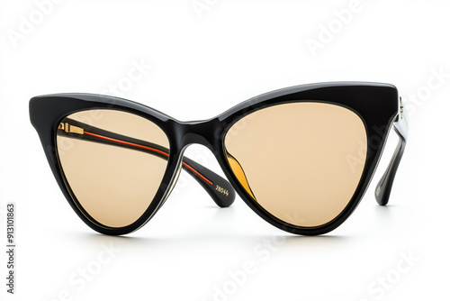 Pair of black cat eye sunglasses with orange lenses isolated on white photo