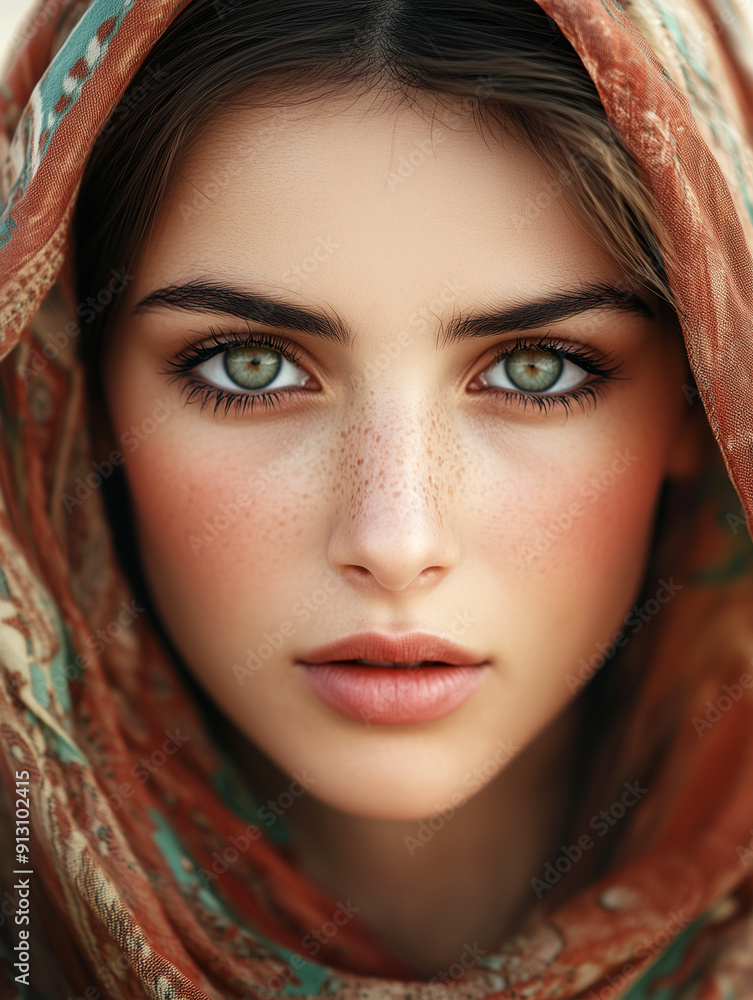 Close-up of young woman with freckles and green eyes wearing colorful headscarf in natural light. Generative AI. Close-up of young woman with freckles and green eyes wearing colorful headscarf in natural light. Generative AI.