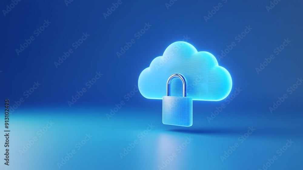 Digital cloud with padlock representing secure cloud storage and data protection in a blue conceptual background. Digital cloud with padlock representing secure cloud storage and data protection in a blue conceptual background.