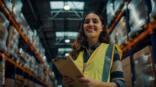 A young woman in a safety vest stands holding a board noting work observations in a warehouse.
 photo