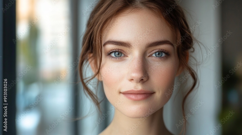 A woman with brown hair and blue eyes is smiling at the camera A woman with brown hair and blue eyes is smiling at the camera