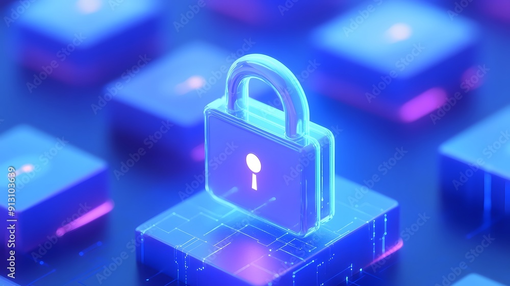 Digital illustration of a glowing padlock symbolizing cybersecurity and data protection in a digital environment. Blue and purple tones. Digital illustration of a glowing padlock symbolizing cybersecurity and data protection in a digital environment. Blue and purple tones.