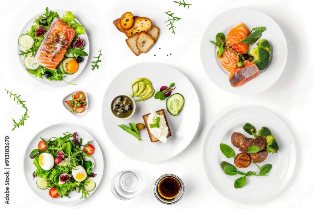A table with a variety of healthy food options, including salads, sandwiches, and fish. The table is set with white plates and bowls, and there are several cups and a bottle on the table A table with a variety of healthy food options, including salads, sandwiches, and fish. The table is set with white plates and bowls, and there are several cups and a bottle on the table