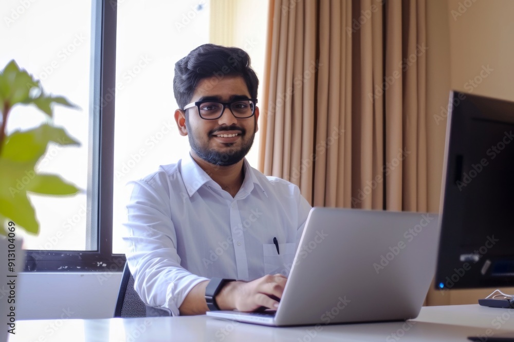 A man is sitting at a desk with a laptop in front of him. He is wearing a white shirt and glasses A man is sitting at a desk with a laptop in front of him. He is wearing a white shirt and glasses