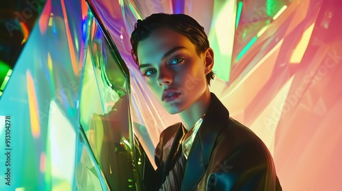 A fashion-forward individual poses confidently against a vibrant, metallic backdrop, showcasing bold and avant-garde style photo