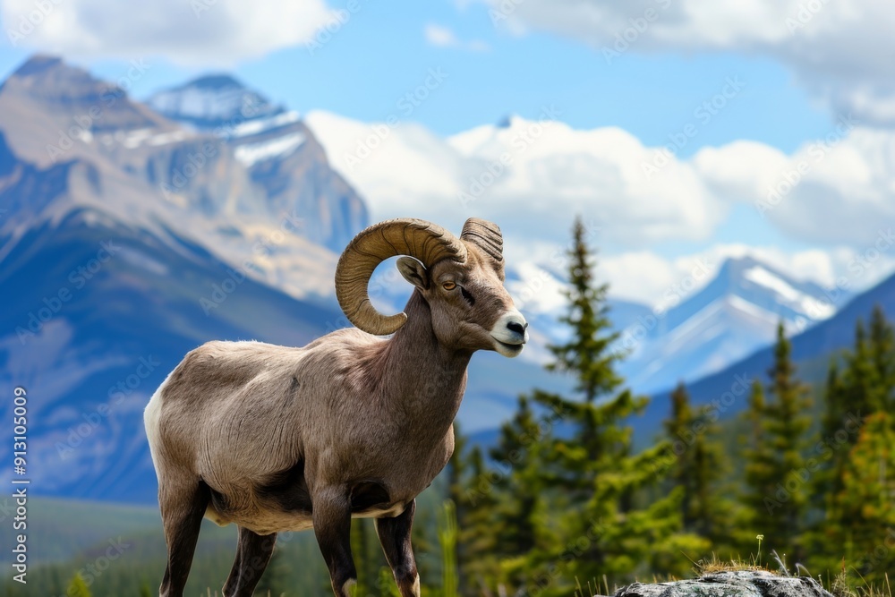 A ram stands in a forest with mountains in the background. The ram is looking to the right A ram stands in a forest with mountains in the background. The ram is looking to the right