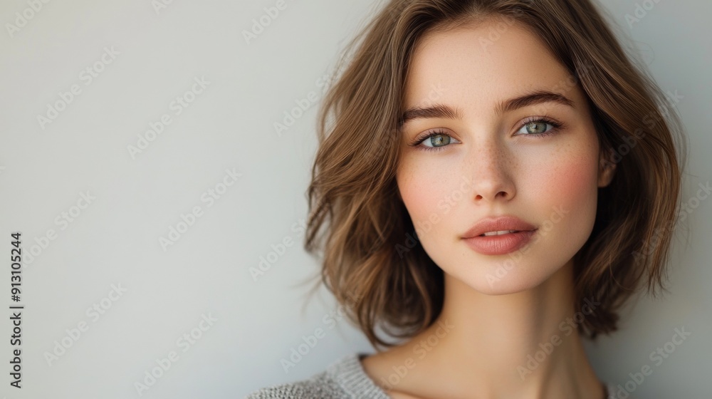 A woman with short brown hair and a light pink lip color A woman with short brown hair and a light pink lip color