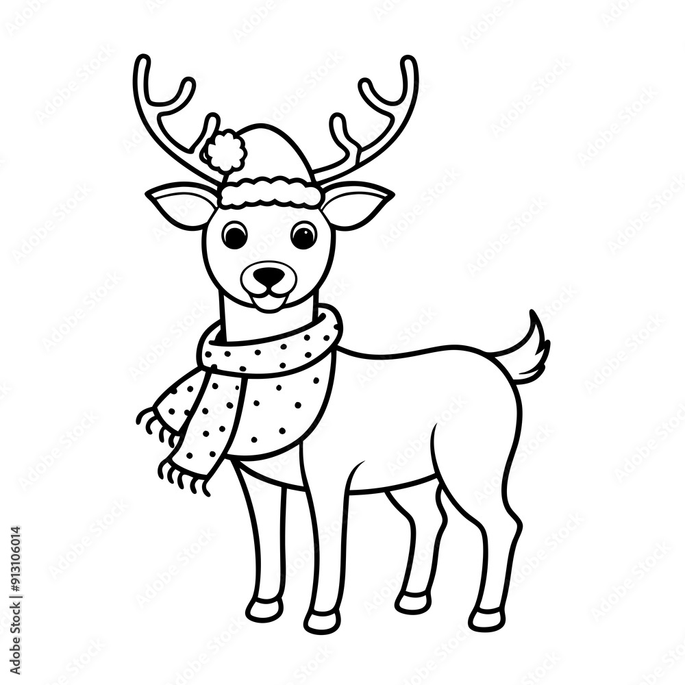 Festive Christmas Deer in Santa Hat and Scarf Vector - Cartoon Clipart Design Festive Christmas Deer in Santa Hat and Scarf Vector - Cartoon Clipart Design
