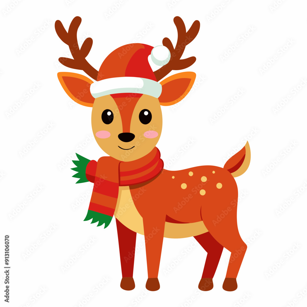 Festive Christmas Deer in Santa Hat and Scarf Vector - Cartoon Clipart Design Festive Christmas Deer in Santa Hat and Scarf Vector - Cartoon Clipart Design