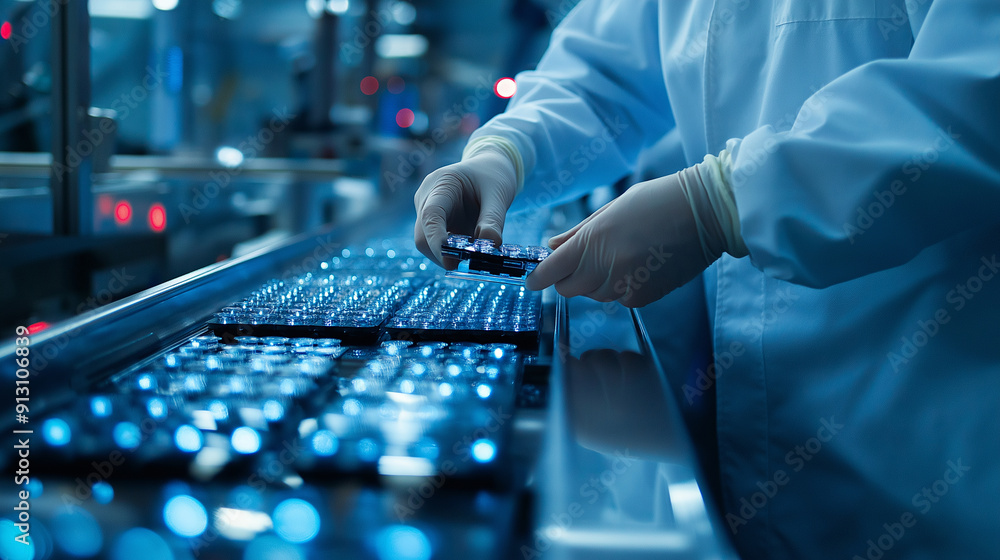 Close-up of hands arranging packaged devices on a seamless conveyor line in a high-tech factory Close-up of hands arranging packaged devices on a seamless conveyor line in a high-tech factory