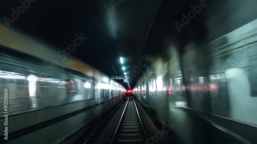 Experience the exhilarating rush of a late-night subway ride, with vibrant lights flashing by as the train zips through the underground tunnel.