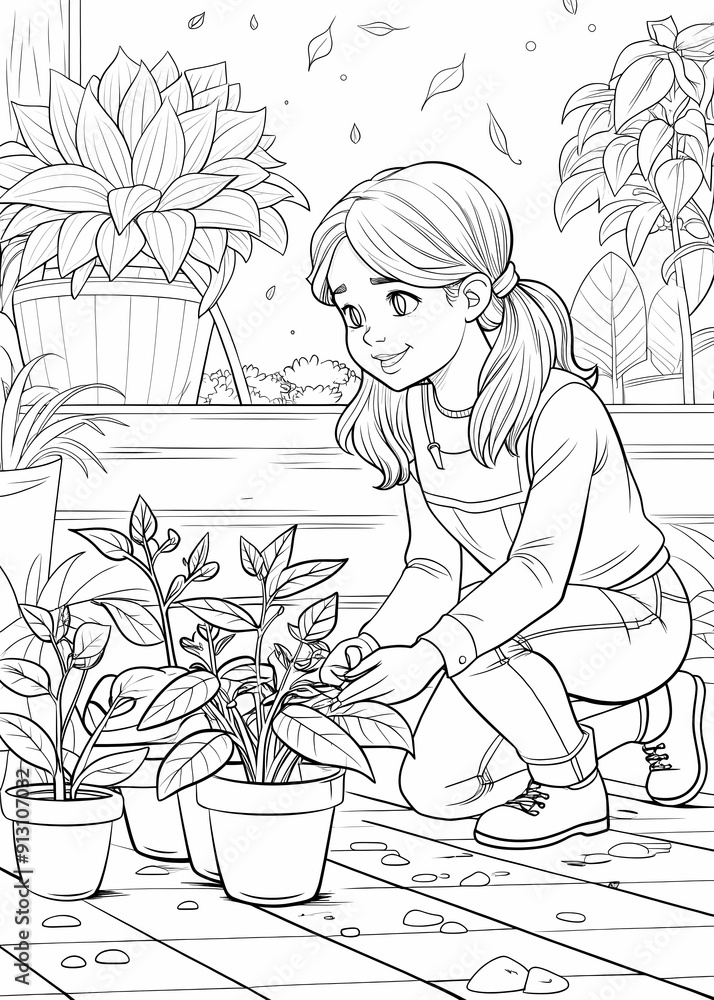 Girl tending to plants in a peaceful setting coloring page Girl tending to plants in a peaceful setting coloring page