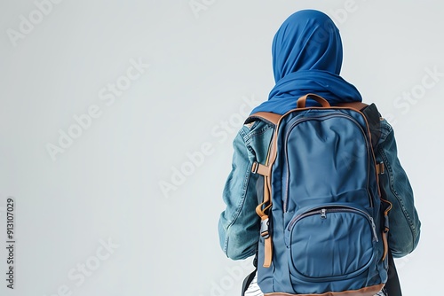 isolated of a gulf arab woman carrying a backpack viewed from behind photo