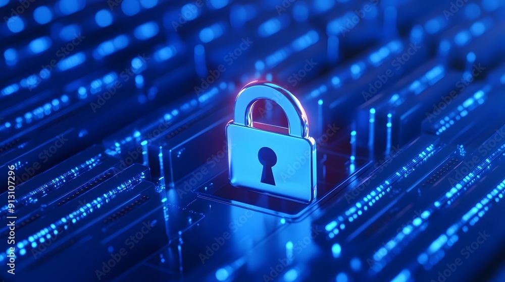 Digital security concept with a futuristic padlock symbol, representing cybersecurity and data protection in a virtual environment. Digital security concept with a futuristic padlock symbol, representing cybersecurity and data protection in a virtual environment.