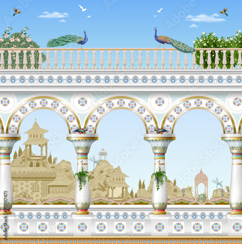 Beautiful Arch Chinoiseries peacock, Birds Palace garden royal Wallpaper. moroccan decorative garden with peacock frame. Vector File.