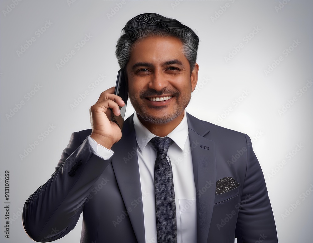 Banner with copy space. Smiling 40s mature Latin or Indian businessman holding smartphone in office. Middle aged manager man using cell phone mobile app. Digital technology application call business. Banner with copy space. Smiling 40s mature Latin or Indian businessman holding smartphone in office. Middle aged manager man using cell phone mobile app. Digital technology application call business.