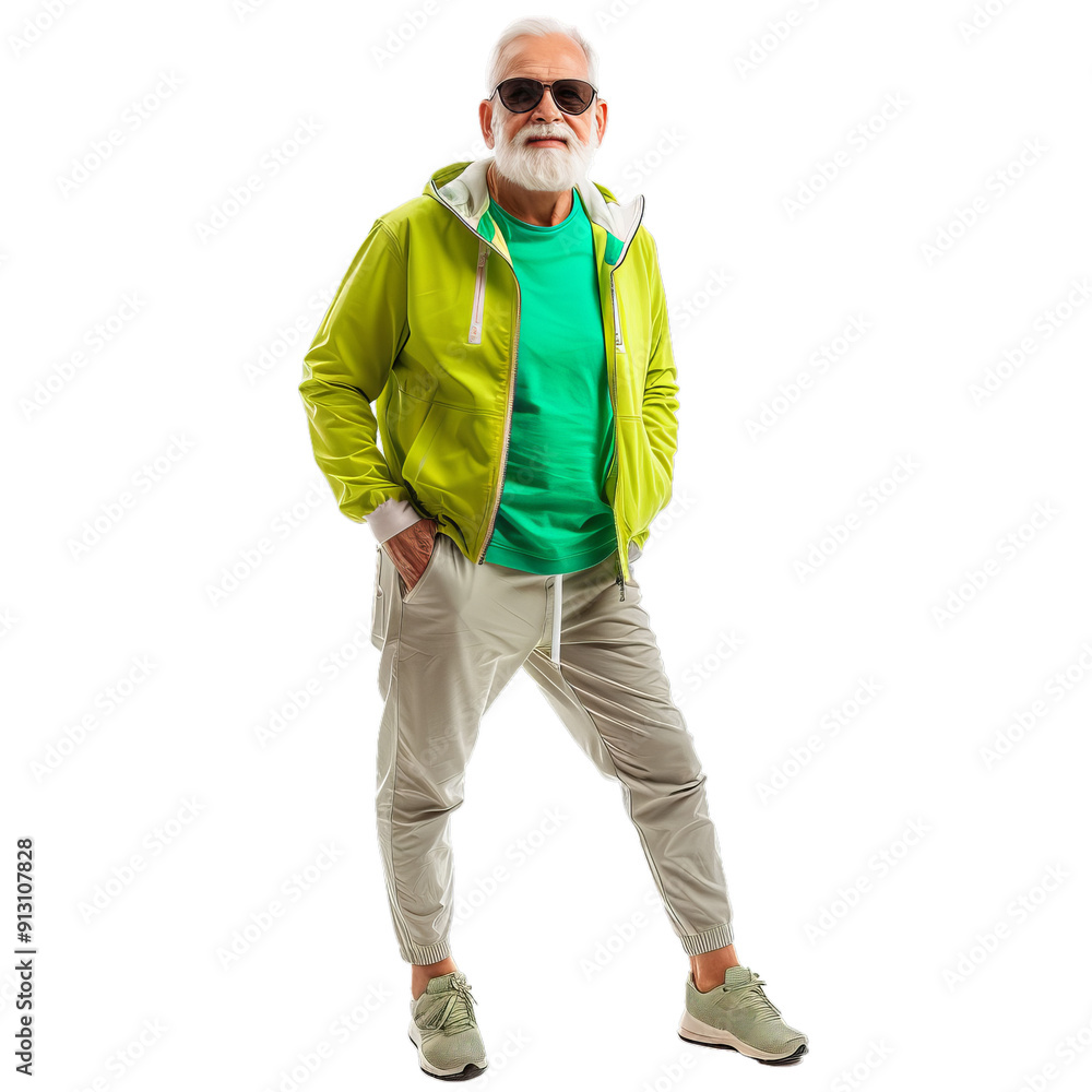 Fototapeta premium Confident mature man with a white beard wearing trendy sportswear and sunglasses