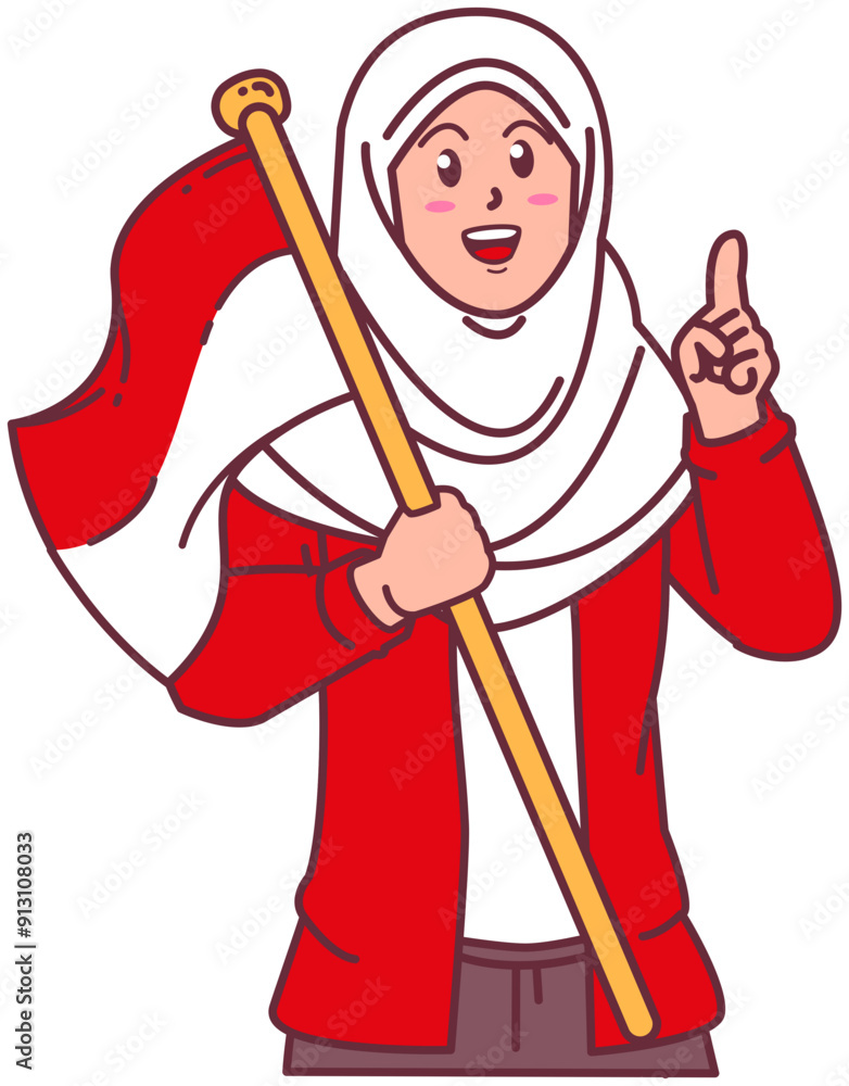 A woman wearing a hijab carries the Indonesian flag, happy Indonesian independence day A woman wearing a hijab carries the Indonesian flag, happy Indonesian independence day