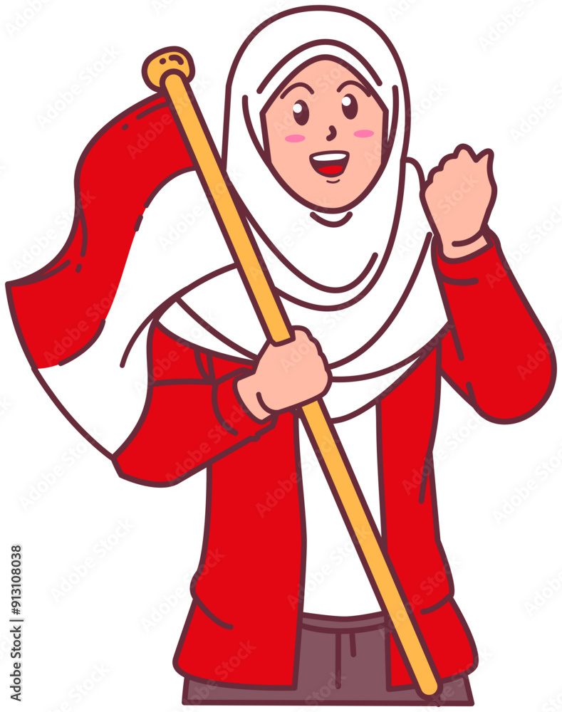 A woman wearing a hijab carries the Indonesian flag, happy Indonesian independence day A woman wearing a hijab carries the Indonesian flag, happy Indonesian independence day