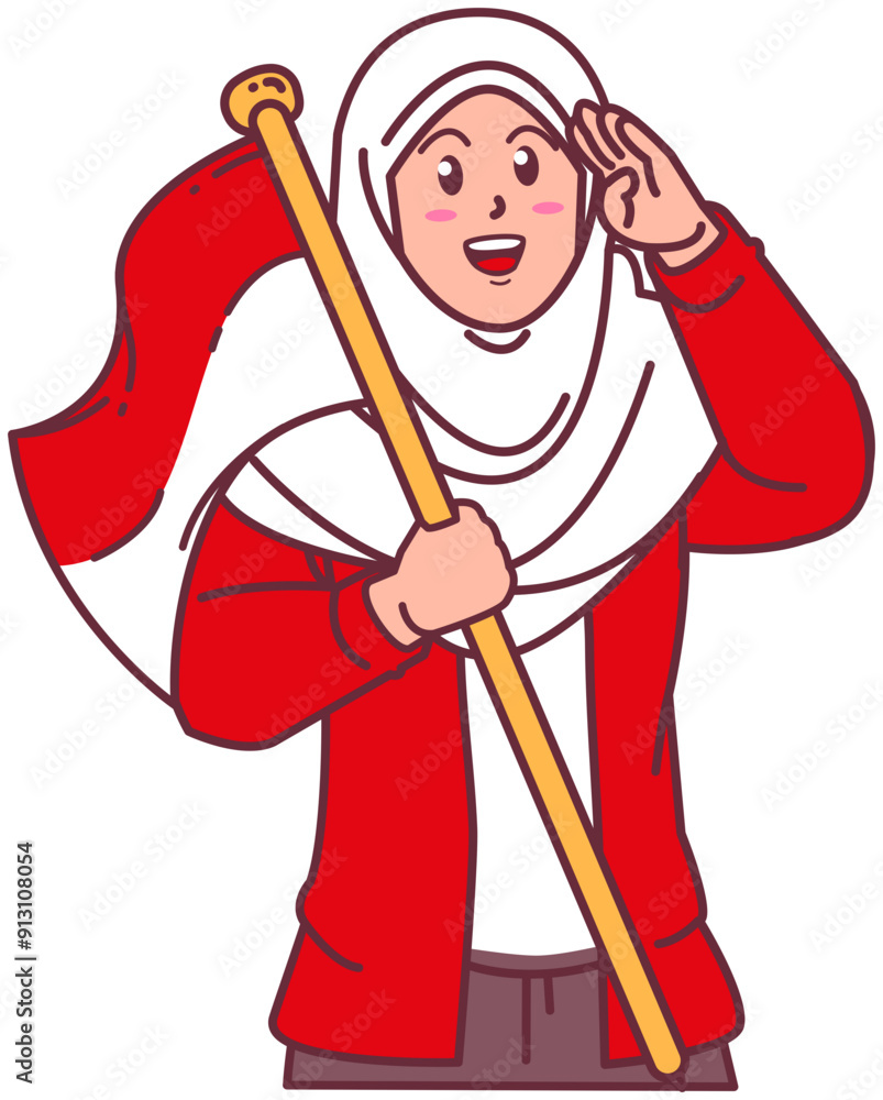 A woman wearing a hijab carries the Indonesian flag, happy Indonesian independence day A woman wearing a hijab carries the Indonesian flag, happy Indonesian independence day
