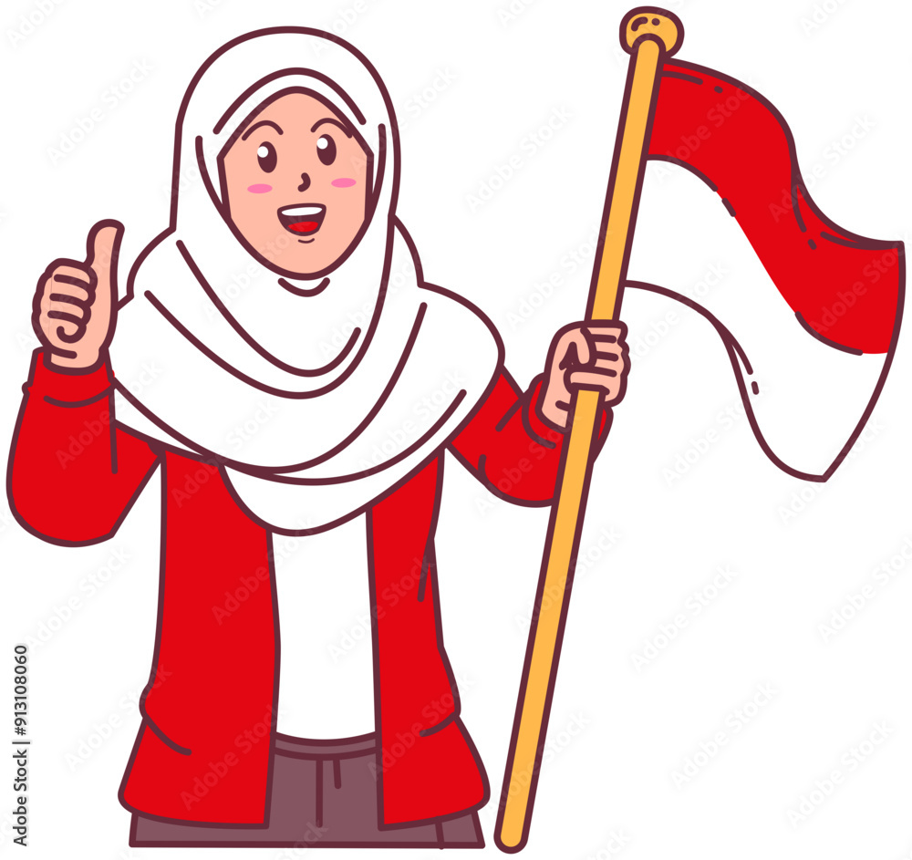 A woman wearing a hijab carries the Indonesian flag, happy Indonesian independence day A woman wearing a hijab carries the Indonesian flag, happy Indonesian independence day